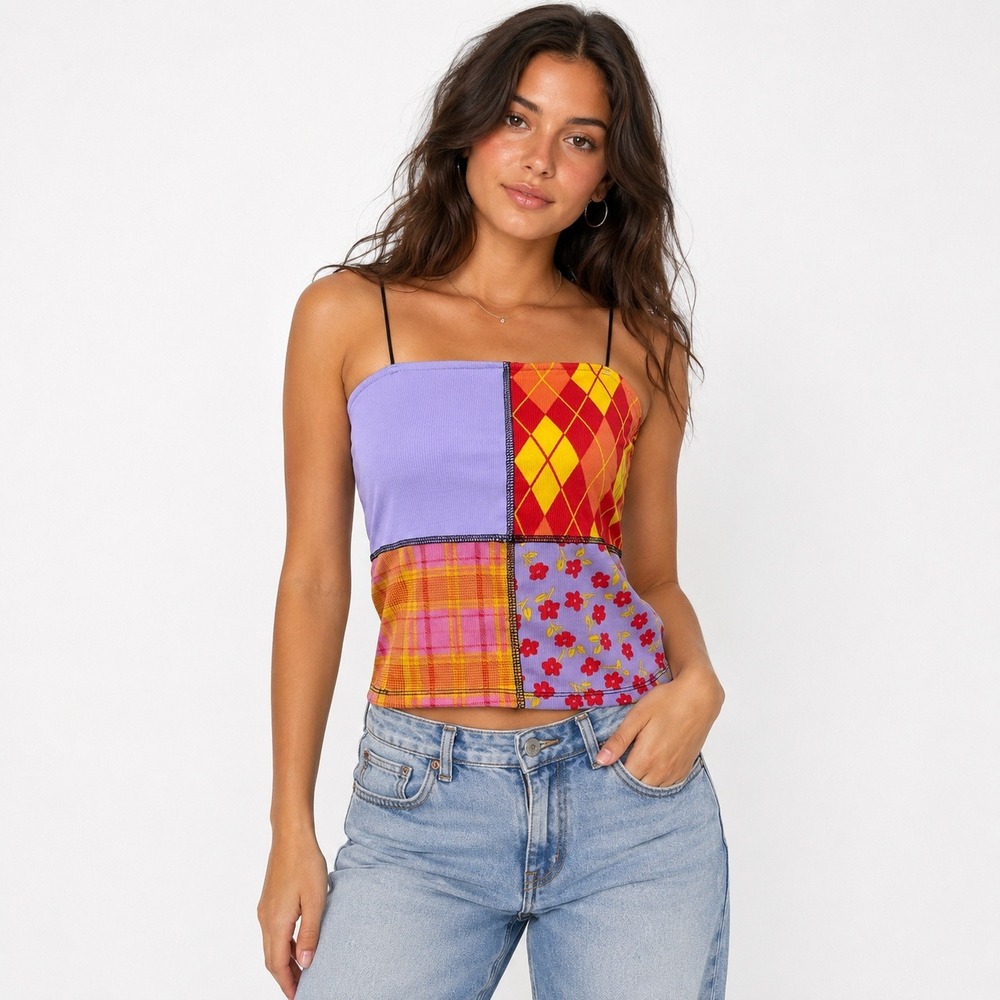 rue21 Patchwork Cami Top Large Multicolor Argyle Floral Plaid Ribbed Y2K